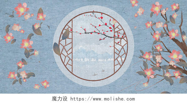 蓝色复古中国风桃花刺绣背景展板